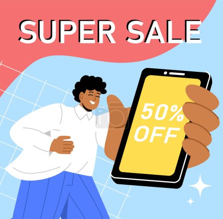 Illustration for Big sale banner concept. Advertising and marketing, electronic commerce. Online shopping and payments. Man with smartphone. Gift, present and interest. Cartoon flat vector illustration - Royalty Free Image