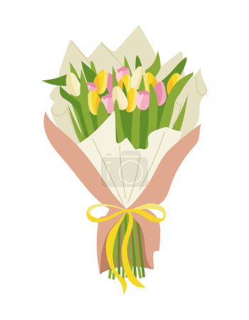 Téléchargez les illustrations : Bouquet de fleurs concept. Floraison et floraison des tulipes en été et au printemps. Cadeau romantique pour la Saint Valentin. Illustration vectorielle plate de bande dessinée isolée sur fond blanc - en licence libre de droit