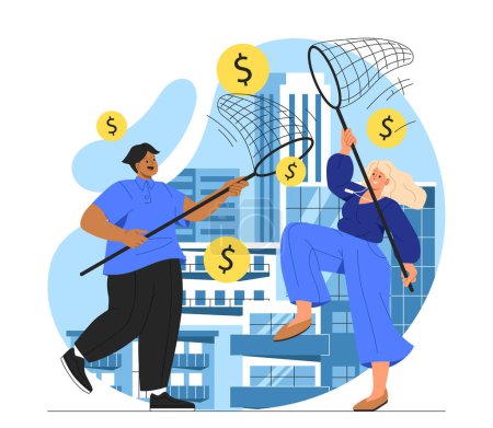 Illustration for Man and woman catching coins concept. Young guy and girl with nets near cash. Financial literacy and passive income, casual earnings. Income and wage. Cartoon flat vector illustration - Royalty Free Image