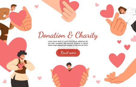 Illustration for Donation and charity banner concept. Men and women with hearts. Generosity and kindness. Care and support. Fund activists and volunteers. Landing page design. Cartoon flat vector illustration - Royalty Free Image