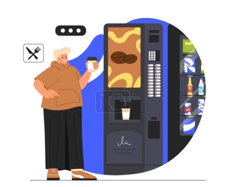 Illustration for Man with coffee machine concept. Young guy with cup of coffee standing near machine. Hot drink and beverage, aroma. Cappuccino, latte and mocha, americano. Cartoon flat vector illustration - Royalty Free Image