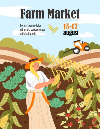 Illustration for Farm market advertising poster. Woman with corn in field next to tractor. Young farmer picking crop and harvest. Farming and agriculture. Tomatoes and cabbage. Cartoon flat vector illustration - Royalty Free Image
