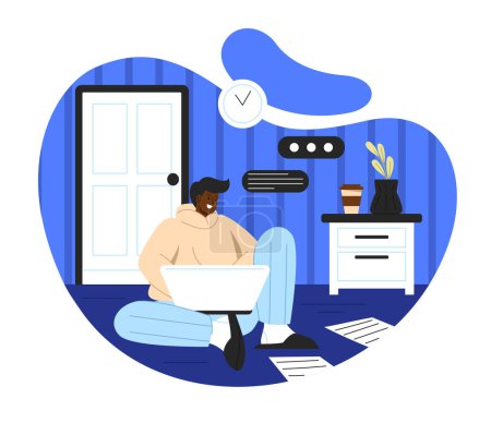 Illustration for Freelancer working at home concept. Man with laptop sits in apartment and earns money. Remote worker and worker. Online earnings. Education or social networks. Cartoon flat vector illustration - Royalty Free Image