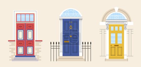 Illustration for Set of front doors. Exterior and facade for home or house. Real estate and private property. Entrance to cottage, townhouse and home. Cartoon flat vector collection isolated on beige background - Royalty Free Image