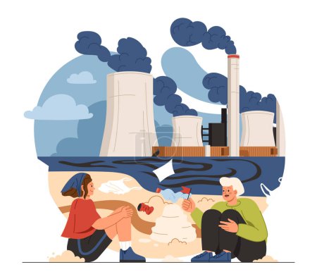 Ilustración de Concepto de problemas ecológicos globales. Hombre y mujer se sientan en la playa con basura y miran el humo de la fábrica. Activistas y voluntarios limpian la costa. Dibujos animados ilustración vector plano - Imagen libre de derechos