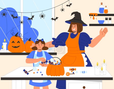 Illustration for People with Halloween candies concept. Mother and daughter collect basket of sweets. Traditional holiday and festival of horror and fear . Trick or treat. Cartoon flat vector illustration - Royalty Free Image