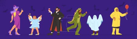 Illustration for Set of Halloween costumes. Men and women in form of vampire, dinosaur and witch. Traditional feastival of fear and horror. Cartoon flat vector collection isolated on blue background - Royalty Free Image