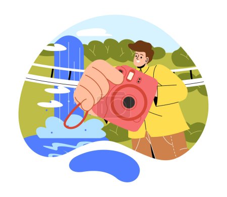 Illustration for Instant photo camera concept. Man with camera stands in nature. Professional or amateur photographer with picutres. Active lifestyle and recreation, memories. Cartoon flat vector illustration - Royalty Free Image