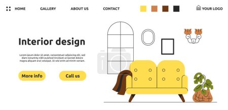 Illustration for Interior design landing page concept. Furniture and flowers in pot. Comfort and coziness in apartment and room. Decor and interior. Poster or banner for website. Linear flat vector illustration - Royalty Free Image