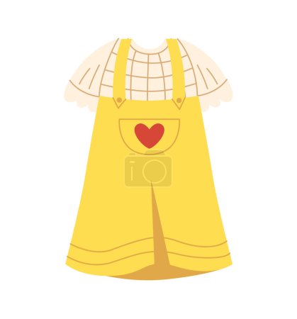 Illustration for Kids yellow overall concept. Fashionable clothes for children and summer season. Beauty, aesthetics and elegance. Apparel and garment. Cartoon flat vector illustration isolated on white background - Royalty Free Image