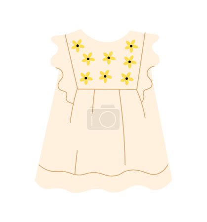Illustration for Kids white dress concept. Fashionable clothes for girls. Apparel and garment for teenagers. Template, layout and mock up. Cartoon flat vector illustration isolated on white background - Royalty Free Image
