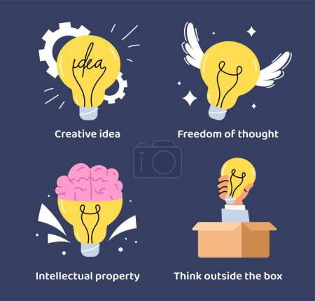 Illustration for Set of light bulbs concept. Creative idea, freedom of thought, intellectual property and think outside box. Creativity and inspiration. Cartoon flat vector collection isolated on black background - Royalty Free Image