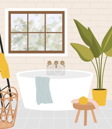 Illustration for Modern bathroom interior concept. Bath with towel near flowerpot with plant and stool. Comfort and coziness in apartment or house. Poster or banner. Cartoon flat vector illustration - Royalty Free Image