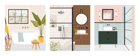 Illustration for Modern bathroom interior concept. Set of rooms with furniture and decor elements. Mirror and bath with shower. Comfort and coziness. Cartoon flat vector collection isolated on white background - Royalty Free Image