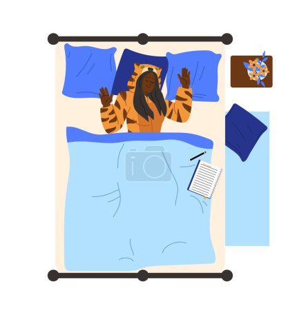 Ilustración de Mujer durmiendo concepto de vista superior. Chica joven en pijama con tigre se encuentra en la cama debajo de la manta. Descansa, sueña y relájate. Confort y comodidad en el apartamento. Dibujos animados ilustración vector plano - Imagen libre de derechos