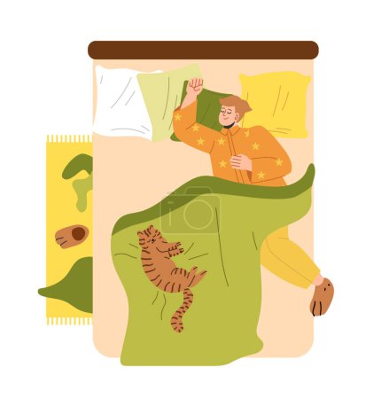 Téléchargez les illustrations : Homme dormant concept de vue de dessus. Jeune homme en pyjama avec chat se trouve sur le lit sous la couverture. Repos, détente et récupération. Modèle, mise en page et maquette. Illustration vectorielle plate de bande dessinée - en licence libre de droit