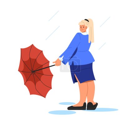 Téléchargez les illustrations : Femme avec concept de parapluie. Jeune fille avec des vêtements pour la protection de la pluie et la tempête. Automne et automne. Mode et tendance. Illustration vectorielle plate de bande dessinée isolée sur fond blanc - en licence libre de droit