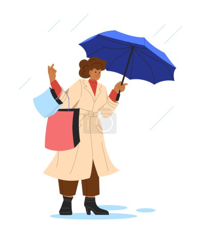 Illustration for Woman with with umbrella concept. Young girl with bags. Fashion, trend and style. Aesthetics and elegance. Template, layout and mock up. Cartoon flat vector illustration isolated on white background - Royalty Free Image