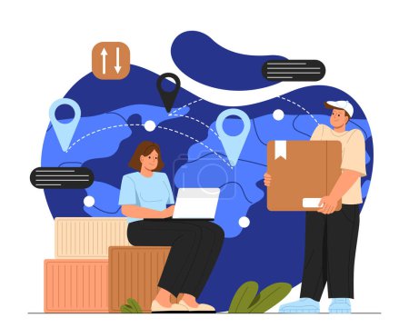 Illustration for Raw material supply concept. Man and woman with boxes in warehouse. Transportation and logistics. Globalization and international trade. Import and export. Cartoon flat vector illustration - Royalty Free Image