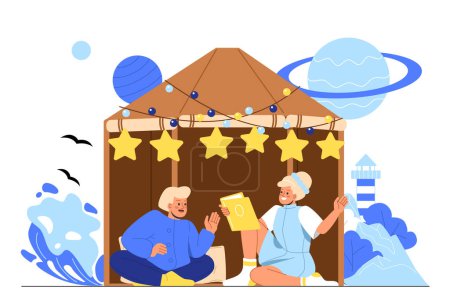 Illustration for Kids reading in tent concept. Children with book in small home. Friends having fun together. Boy and girl with fiction and fairy tale. Playroom and children room. Cartoon flat vector illustration - Royalty Free Image