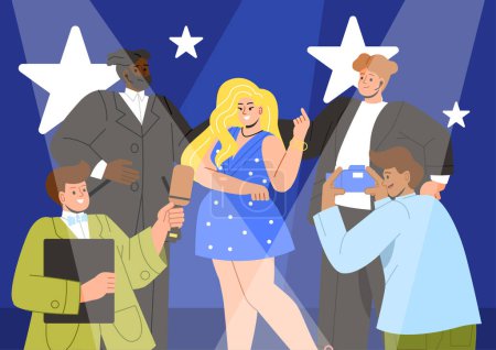 Illustration for Star with bodyguards concept. Beautiful woman in blue dress on dance floor near men with suits. Popular personality with security at event and party. Cartoon flat vector illustration - Royalty Free Image