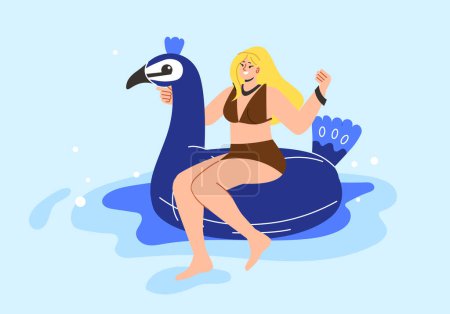 Illustration for Woman swim on inflatable float concept. Young girl at rubber blue ring in shape of bird. Holiday and vacation at sea or ocean, leisure at swimming pool. Cartoon flat vector illustration - Royalty Free Image