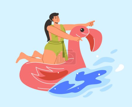 Téléchargez les illustrations : Femme nager sur le concept de flotteur gonflable. Jeune fille en caoutchouc anneau rose en forme de flamengo. Vacances dans les pays tropicaux. Modèle, mise en page et maquette. Illustration vectorielle plate de bande dessinée - en licence libre de droit
