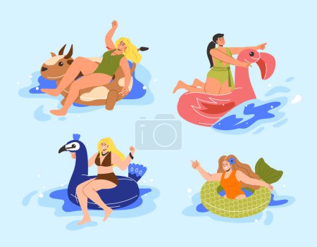 Téléchargez les illustrations : Les femmes nagent sur des flotteurs gonflables ensemble. Jeunes filles en maillots de bain colorés sur bouées de sauvetage dans la piscine ou la mer. Vacances d'été et loisirs. Vacances et tourisme. Dessin animé collection vectorielle plat - en licence libre de droit