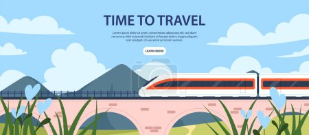 Illustration for Time to travel banner. Train at railroad, railway. Beautiful natural landscape and panorama with bridge. Trip, journey and tourism. Landing page design. Cartoon flat vector illustration - Royalty Free Image