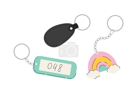 Illustration for Set of trinkets concept. Toys on pendant for keys. Keychains pack. Accessory and decoration for backpack. Poster or banner. Cartoon flat vector collection isolated on white background - Royalty Free Image