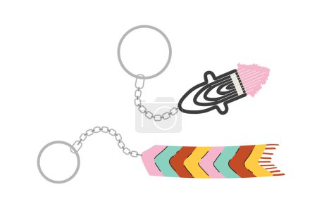 Illustration for Set of trinkets concept. Toys on pendant for keys. Keychains pack. Colorful cloth and minimalistic rocketship. Template, layout and mockup. Cartoon flat vector collection isolated on white background - Royalty Free Image