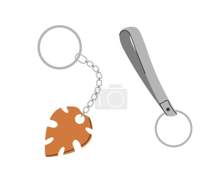 Illustration for Set of trinkets concept. Toys on pendant for keys. Keychains pack. Orange steel leaf. Stickers for social networks and messengers. Cartoon flat vector collection isolated on white background - Royalty Free Image