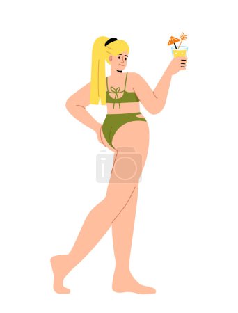 Illustration for Woman in green swimsuit concept. Young girl in trendy summer clothes. Aesthetics and elegance, beauty. Poster or banner. Cartoon flat vector illustration isolated on white background - Royalty Free Image