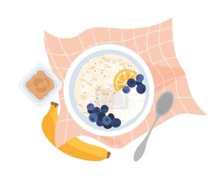 Illustration for Breakfast meal top view concept. Milk porridge with oranges and blueberries, banana. Healthy eating and proper nutrition. Cartoon flat vector illustration isolated on white background - Royalty Free Image