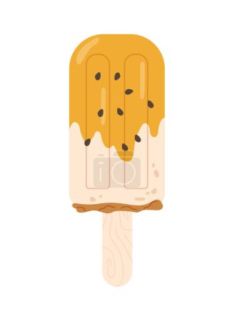 Téléchargez les illustrations : Sticker dessert crème glacée concept. Bâton en bois avec délicatesse aux fruits. Affiche ou bannière pour site web. Météo estivale et chaude. Illustration vectorielle plate de bande dessinée isolée sur fond blanc - en licence libre de droit