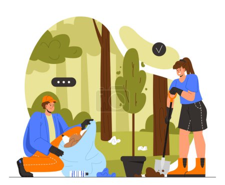 Illustration for Environmental activists clean up trash concept. Man and woman care about nature and ecology, planet. People plant trees at nature. Garbage at forest. Cartoon flat vector illustration - Royalty Free Image