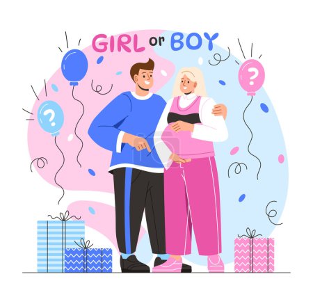 Illustration for People with gender reveal concept. Man and woman guess sex of unborn child, toddler. Childhood and parenthood. Young couple with girl or boy question. Cartoon flat vector illustration - Royalty Free Image