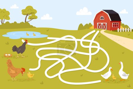 Illustration for Maze with farm animals concept. Intellectual game and puzzle for children and preschoolers. Birds and animals on farm, livestock. Path to barn. Cartoon flat vector illustration - Royalty Free Image