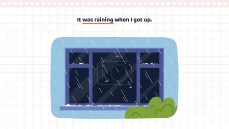 Illustration for Basic English Grammar. Past continuous tense. It was raining. Educational banner for learning past progressive tense. Example of positive sentence. Cartoon flat vector illustration - Royalty Free Image