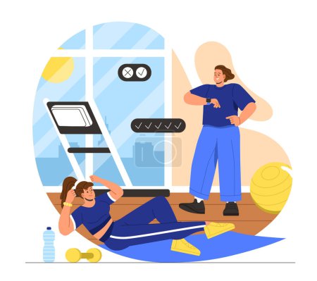Illustration for Personal trainer at gym concept. Man gives woman exercises on muscles of press. Fitness and sports, active lifestyle. People with Fitball, dumbbells and water. Cartoon flat vector illustration - Royalty Free Image