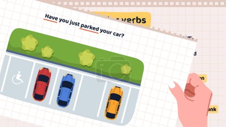 Illustration for Basic English Grammar. Present perfect tense. Interrogative sentence or question form in English. Educational banner with cars in parking lot. Cartoon flat vector illustration - Royalty Free Image