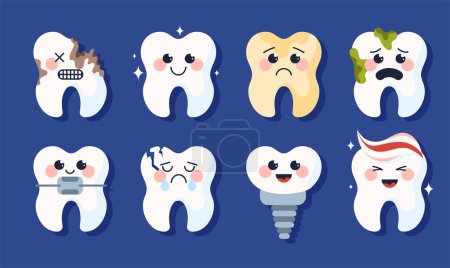 Illustration for Set of teeth with caries. Caring for oral hygiene and health. Educational materials for children. Plaque, spots, crack and broken root. Cartoon flat vector collection isolated on blue background - Royalty Free Image