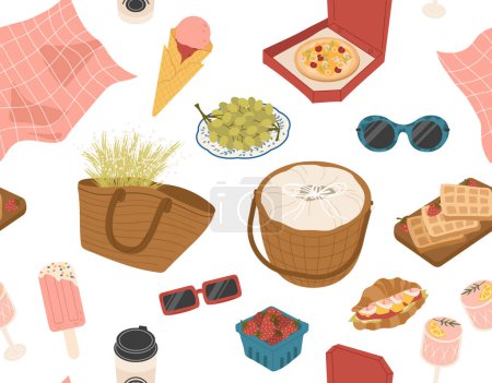 Illustration for Summer picnic seamless pattern. Repeating design element for printing on fabric. Ice cream and sandwich, waffles. Cocktail, coffee and ice cream. Cartoon flat vector illustration - Royalty Free Image