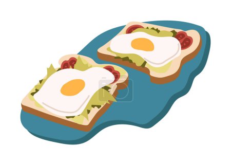 Téléchargez les illustrations : Toast avec oeuf et salade sur le concept de planche à découper. Sandwichs aux légumes. Nourriture savoureuse et saine sur assiette bleue. Illustration vectorielle plate de bande dessinée isolée sur fond blanc - en licence libre de droit
