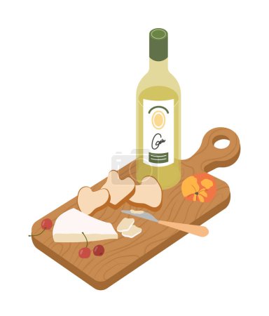 Illustration for Cheese and cherry on cutting board concept. Olive oil bottle and knife with butter. Sticker for social networks and messengers. Cartoon flat vector illustration isolated on white background - Royalty Free Image