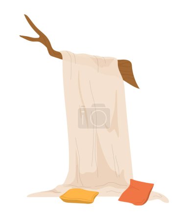 Illustration for Blanket on branch concept. Comfort and coziness, homemade tent for protection from sun. Sticker for social networks and messengers. Cartoon flat vector illustration isolated on white background - Royalty Free Image