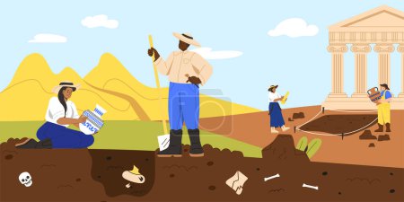 Illustration for Archaeologists at excavations concept. Men and women examine ancient vases and dinosaur bones. Fossils and relics. People with ancient ciivilizations symbols. Cartoon flat vector illustration - Royalty Free Image