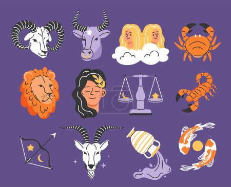Illustration for Set of astrological zodiac signs. Libra, Pisces, Cancer, Virgo, Sagittarius, Leo and Scorpio. Astrology and astronomy, esoterics. Cartoon flat vector collection isolated on violet background - Royalty Free Image