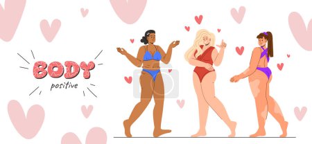 Illustration for Women with body positive concept. Self acceptance and love. Aesthetics and elegance, beauty. Young girls in swimsuit. Poster or banner for website. Cartoon flat vector illustration - Royalty Free Image