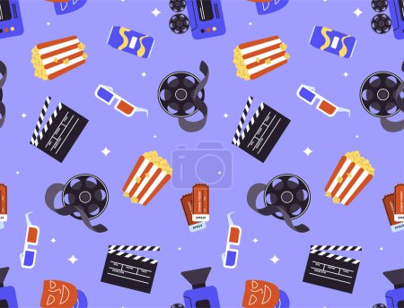 Illustration for Seamless pattern with cinema elements. Repeating design element for printing on fabric. Popcorn, 3D glasses, film tape and tickets, soda. Movie and series. Cartoon flat vector illustration - Royalty Free Image